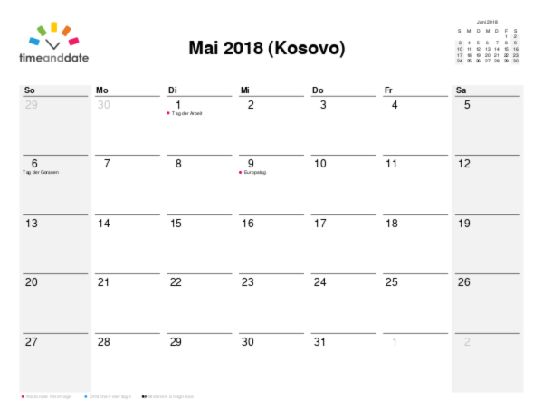 Kalender für 2018 in Kosovo