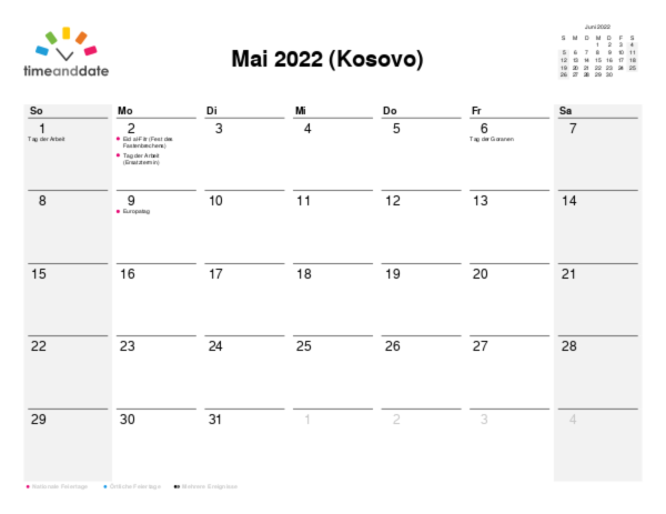Kalender für 2022 in Kosovo