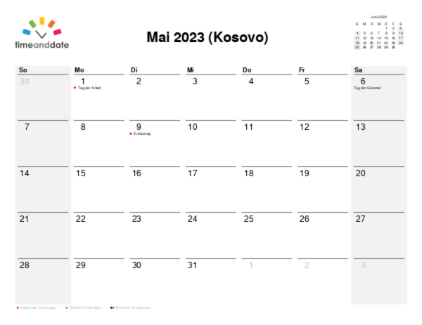 Kalender für 2023 in Kosovo