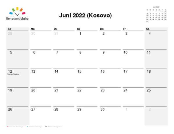 Kalender für 2022 in Kosovo