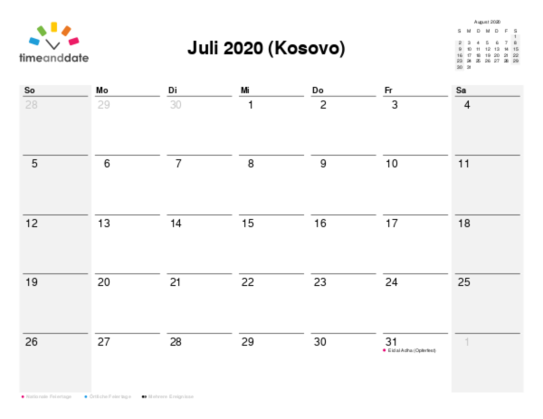 Kalender für 2020 in Kosovo