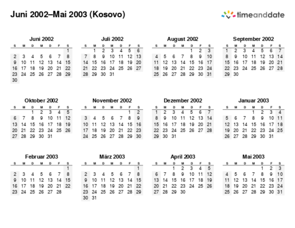Kalender für 2002 in Kosovo