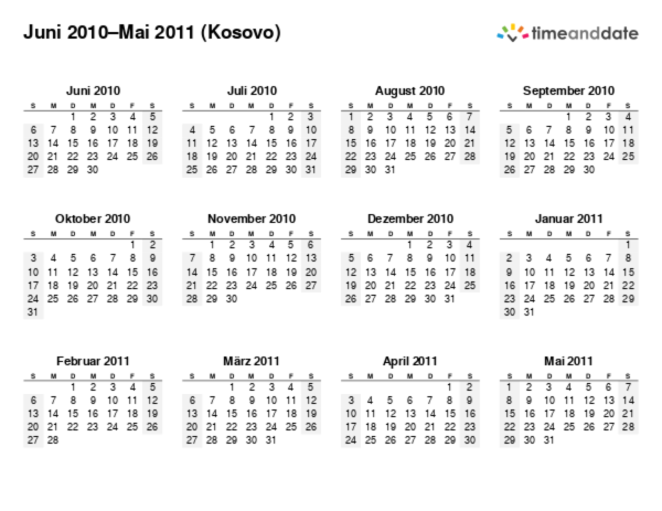 Kalender für 2010 in Kosovo