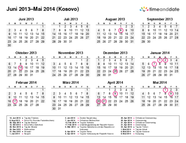 Kalender für 2013 in Kosovo
