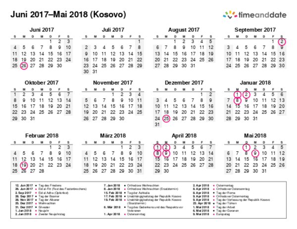 Kalender für 2017 in Kosovo