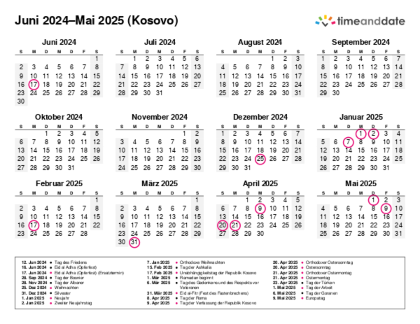 Kalender für 2024 in Kosovo