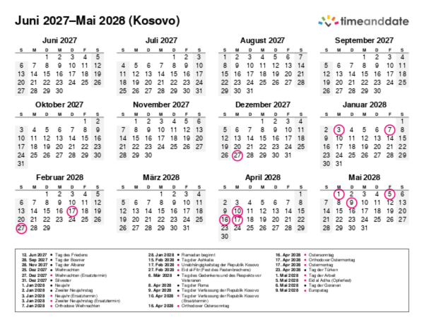 Kalender für 2027 in Kosovo