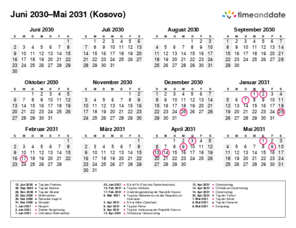 Kalender für 2030 in Kosovo