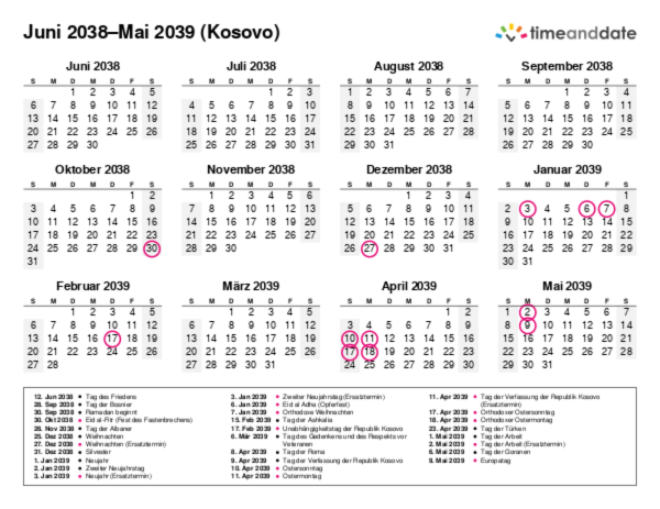 Kalender für 2038 in Kosovo