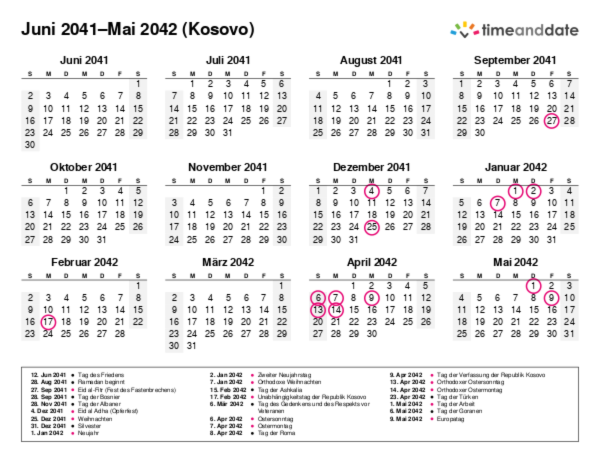 Kalender für 2041 in Kosovo