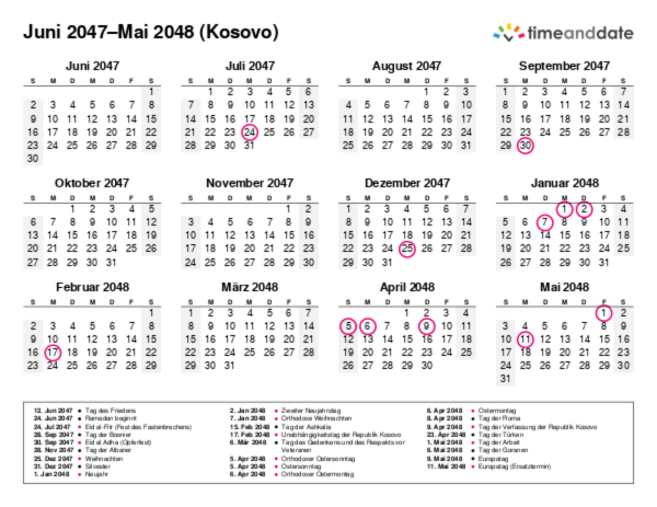 Kalender für 2047 in Kosovo