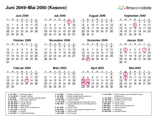 Kalender für 2049 in Kosovo