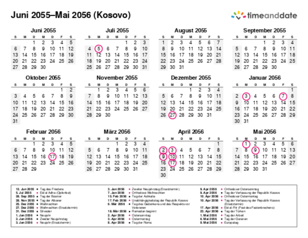 Kalender für 2055 in Kosovo