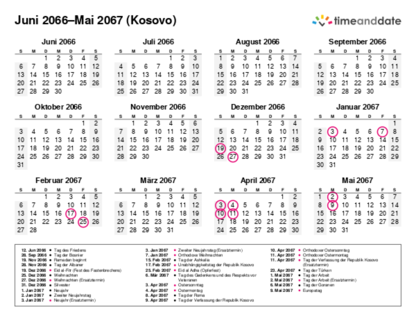 Kalender für 2066 in Kosovo