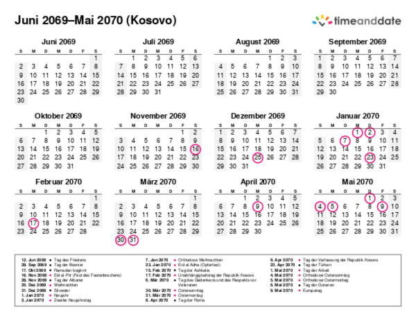 Kalender für 2069 in Kosovo