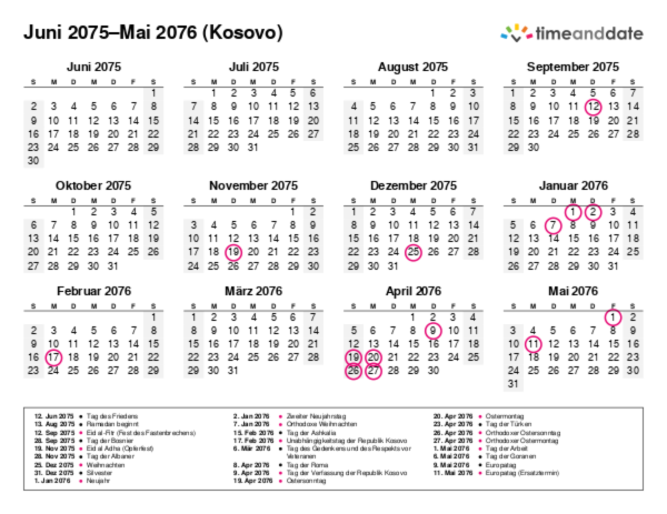Kalender für 2075 in Kosovo