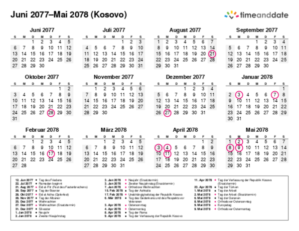 Kalender für 2077 in Kosovo