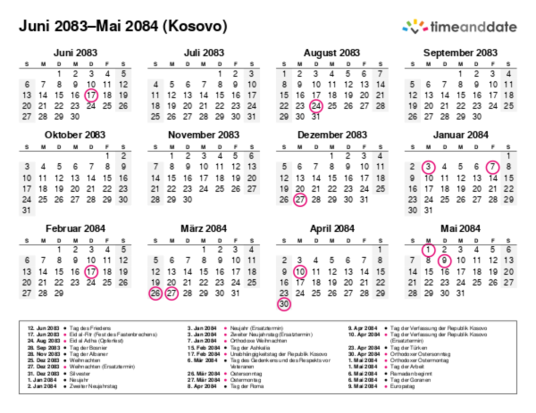 Kalender für 2083 in Kosovo
