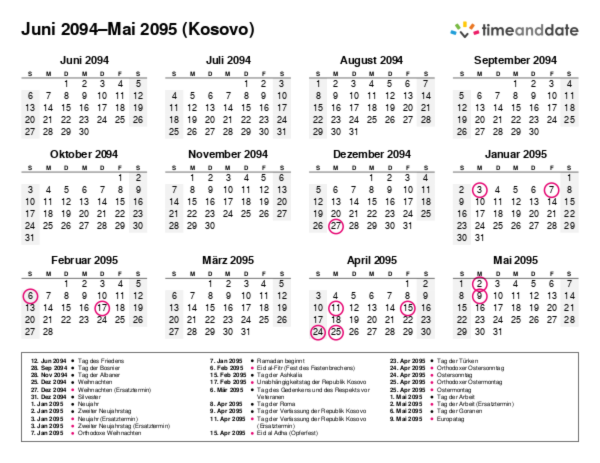 Kalender für 2094 in Kosovo