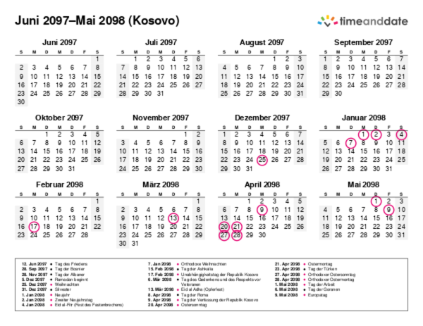 Kalender für 2097 in Kosovo