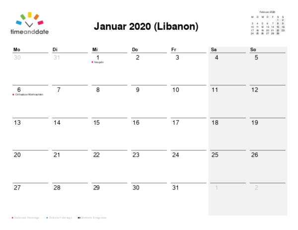 Kalender für 2020 in Libanon