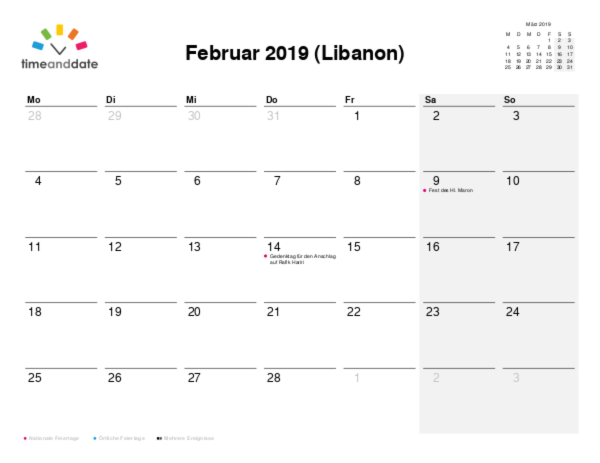 Kalender für 2019 in Libanon