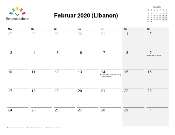 Kalender für 2020 in Libanon