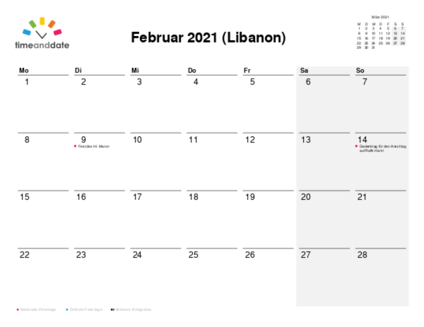 Kalender für 2021 in Libanon
