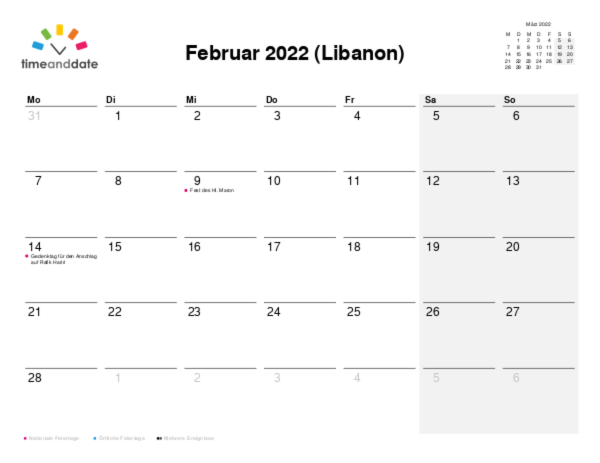 Kalender für 2022 in Libanon