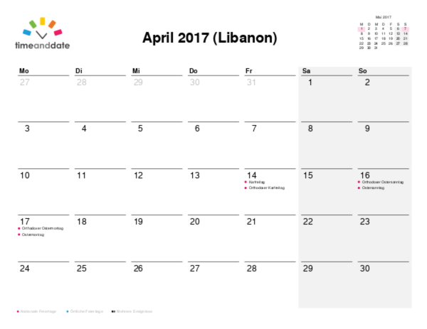 Kalender für 2017 in Libanon