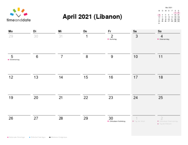 Kalender für 2021 in Libanon