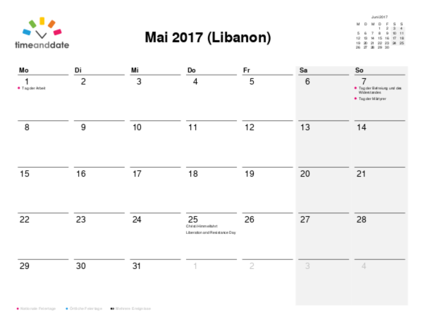Kalender für 2017 in Libanon