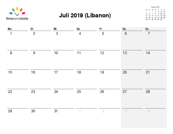 Kalender für 2019 in Libanon