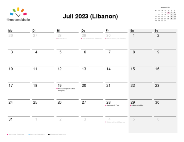 Kalender für 2023 in Libanon
