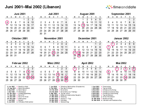 Kalender für 2001 in Libanon