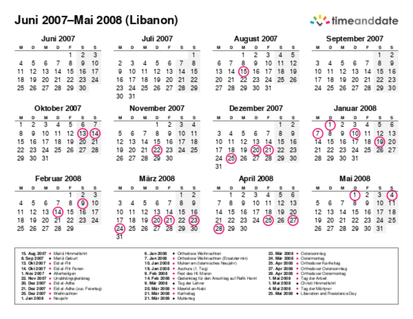 Kalender für 2007 in Libanon