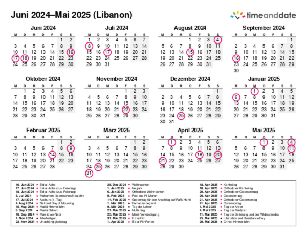 Kalender für 2024 in Libanon