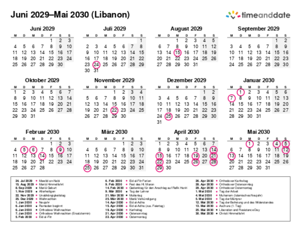 Kalender für 2029 in Libanon