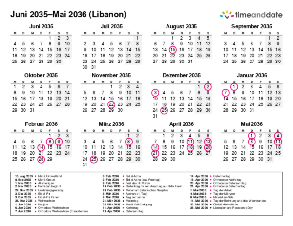 Kalender für 2035 in Libanon