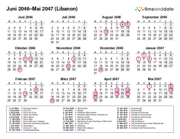 Kalender für 2046 in Libanon
