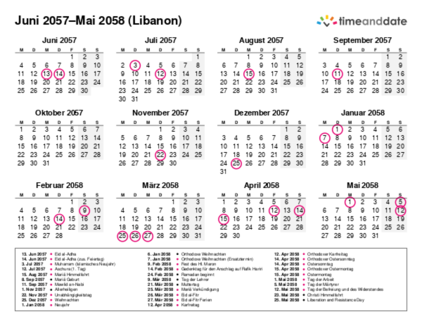 Kalender für 2057 in Libanon