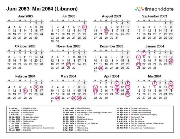Kalender für 2063 in Libanon