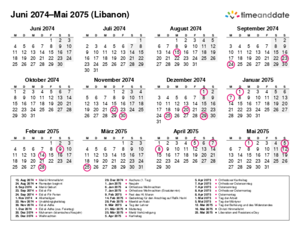 Kalender für 2074 in Libanon