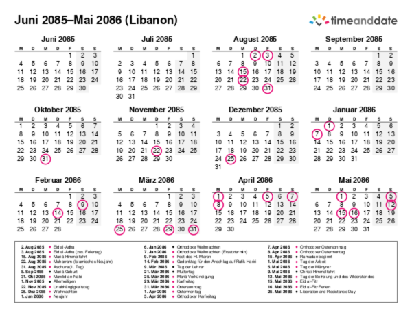 Kalender für 2085 in Libanon