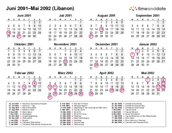 Kalender für 2091 in Libanon