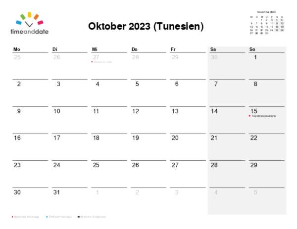 Kalender für 2023 in Tunesien