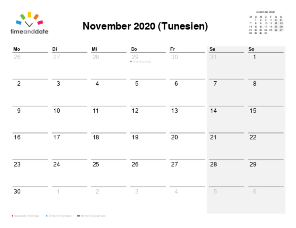 Kalender für 2020 in Tunesien