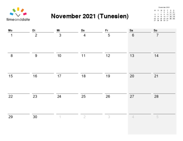 Kalender für 2021 in Tunesien