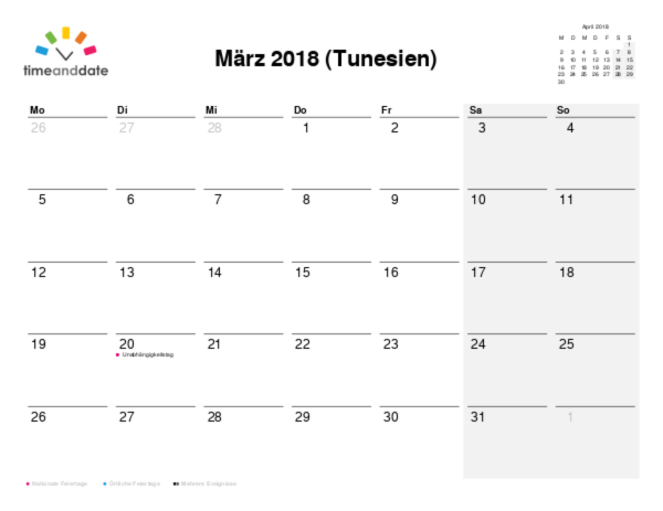 Kalender für 2018 in Tunesien