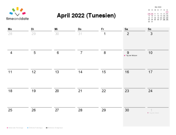 Kalender für 2022 in Tunesien